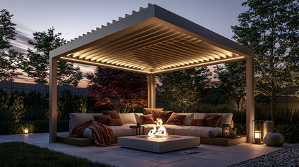 Fototapeta premium Cozy outdoor living space with modern furniture, ambient lighting, and a fire pit, ideal for relaxation and gatherings.