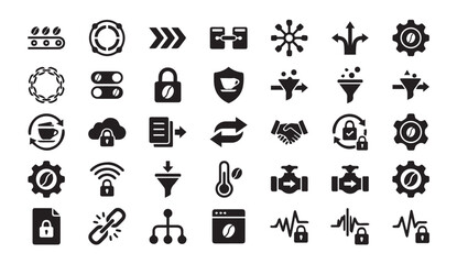 Fototapeta premium Industrial coffee bean processing and technology management icon collection