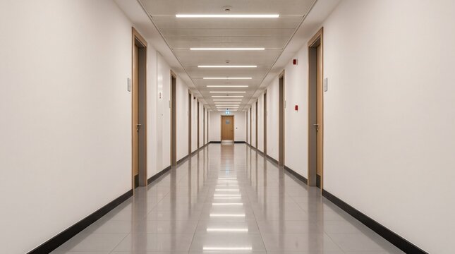 Long Empty Hallway with Doors and Reflective Floor.