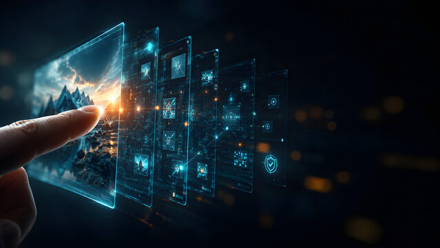 Secure Digital Asset Management &ndash; Finger Navigating Layered Media Panels and Protected Content Network