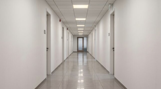 Long, empty, modern office hallway with doors and bright fluorescent lighting.