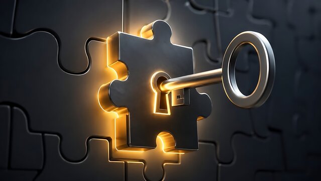 Key unlocking glowing puzzle piece representing problem solving solution and access to business success
