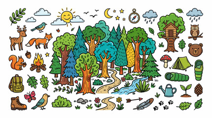 Fototapeta premium Forest Nature Doodle Illustration, Colorful Hand Drawn Woodland Landscape Style