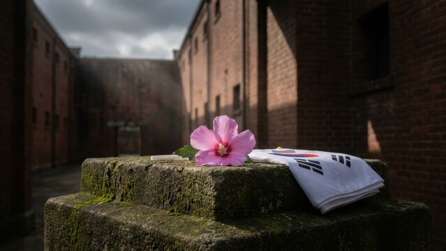 History - Korean flag and mugunghwa flower at Seodaemun Prison history site
