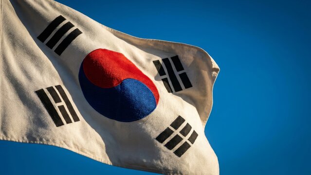 Politics - South Korean flag waving against blue sky