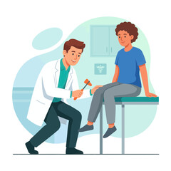 Obraz premium Doctor performing reflex test on patient with reflex hammer in a modern clinic examination room, flat design illustration