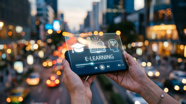 Hands interacting with holographic e-learning microlearning interface on transparent tablet urban background
