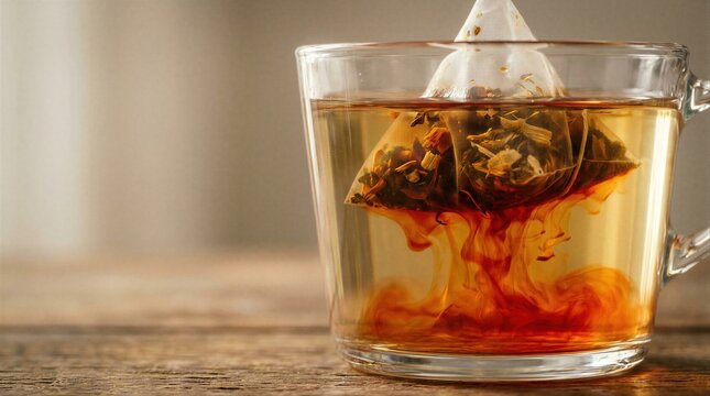 Glass cup with pyramid tea bag brewing in clear water. Boiling liquid extracting herbal infusion. Close up ritual of beverage preparation. Healthy lifestyle and relaxation concept. Brown.