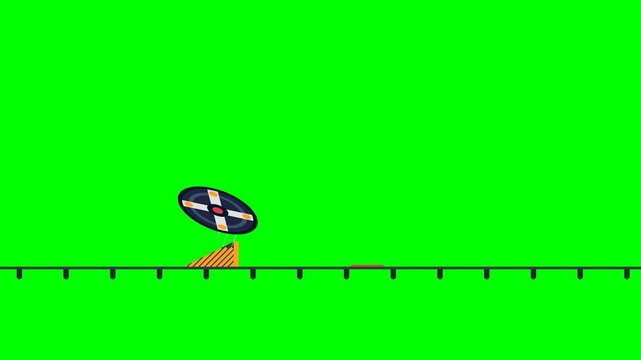 2D Flat Motion Graphic Animation of Generic Wheel Rolling Over Ramp and Button on Green Screen Background