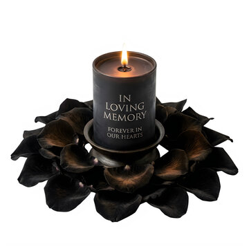 Black Memorial Candle with Loving Memory Label Isolated on White Background