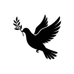 Fototapeta premium Black Dove Silhouette Holding Olive Branch Isolated on White Background