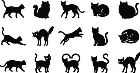 Set of various black cat silhouettes in different poses and actions isolated on a white background © Jakir