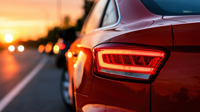 Red car taillight illuminated at sunset on highway with bokeh lights in background