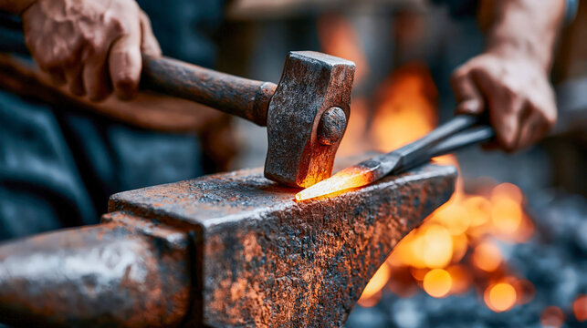 Blacksmith forging hot metal on anvil with hammer in traditional workshop with glowing forge fire