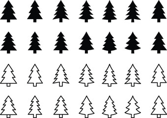 Obraz premium Minimalist pine tree icons, 28 evergreen forest silhouettes and outlines, black and white coniferous tree vector set for winter holiday design