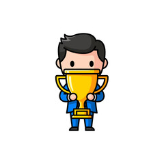 Obraz premium Adorable cartoon businessman in a blue suit proudly holding a golden trophy. Concept for success, winning, celebration, and achievement in business or competition.