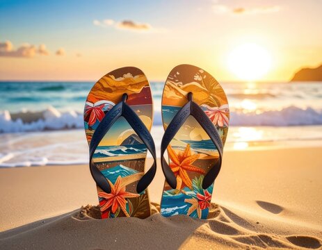 Vibrant flip-flops with tropical scenes stand in beach sand at sunset