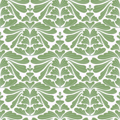 Fototapeta premium Seamless botanical design in muted sage green and white, combining scalloped fan-shaped foliage, delicate line details, and balanced contemporary folk symmetry.