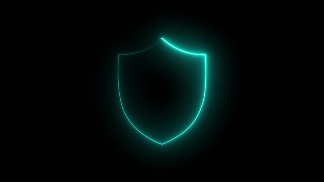 Shield icon security neon glowing blue animation on a black background. 4k