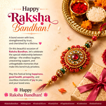 Happy Raksha Bandhan Greeting Card with Decorative Rakhi, Puja Thali and Gift Box
