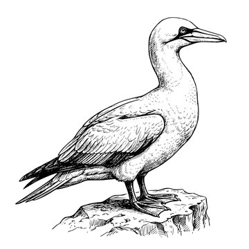 Northern gannet bird illustration. Hand drawn sketch of a seabird standing on a rock.
