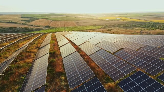 Rows of solar panels are arranged on a sloped hillside. The sun sets in the background, casting light over green fields and rural land.