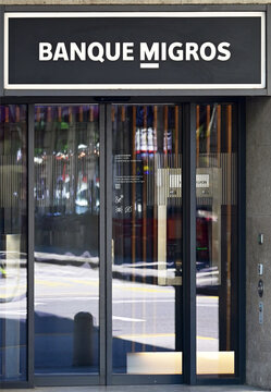 Geneva, Switzerland, Europe - 05.2026 : Entrance to Banque Migros, Migros Bank - Swiss bank founded in 1958, belongs to the Federation of Migros Cooperatives