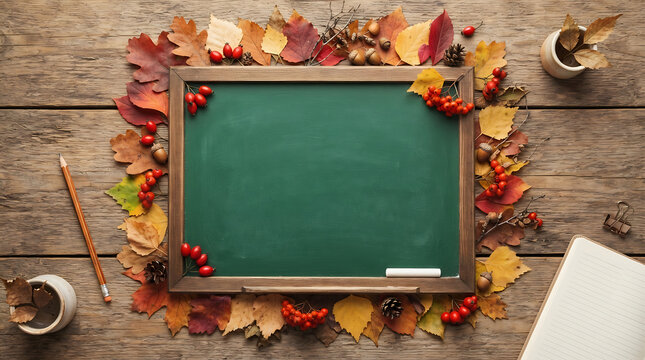 Autumn Chalkboard with Decorations on Wooden Table