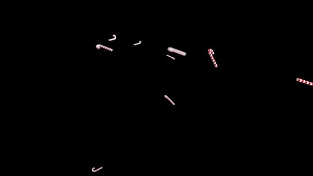 3D render animation of falling red and white Christmas candy canes on transparent background overlay for holiday 4k video loop