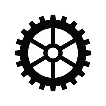 Minimalist black gear wheel icon with eight bold teeth and six inner spokes, isolated on a white background. Clean industrial engineering symbol ideal for settings, machinery, manufacturing, automatio