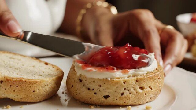 Close-up view of a hand using a silver knife to spread red strawberry jam onto a scone already covered in thick clotted cream, served on a white ceramic plate at afternoon tea.