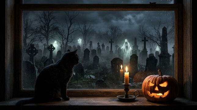 Atmospheric Halloween scene with a black cat looking out a window at a foggy spooky graveyard