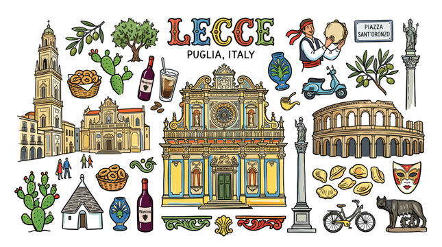 Lecce Italy Hand Drawn Color Travel Doodle Illustration, Italian City Landmark Vector Style