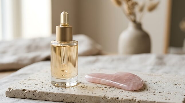 Luxurious Golden Serum Bottle With Rose Quartz Gua Sha Stone