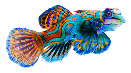 Fototapeta premium Colorful mandarin dragonet fish isolated on white background with vibrant blue orange and turquoise patterns