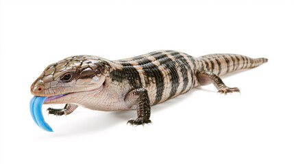 Fototapeta premium Blue tongued skink lizard isolated on white background with extended blue tongue and detailed scales