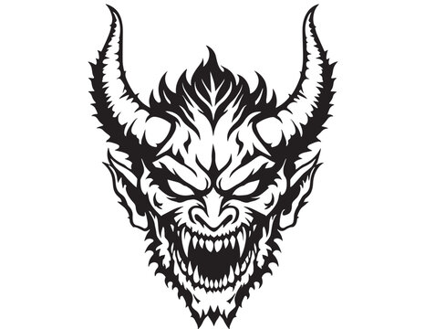 Demon head silhouette with horns and teeth against a white background