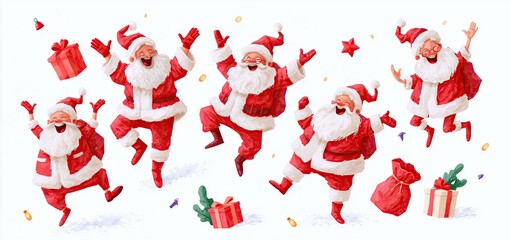 Obraz premium Festive Santa figures in lively poses surrounded by colorful decorations and glowing holiday ambiance.