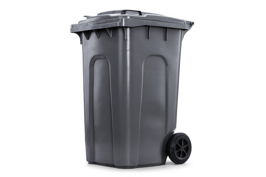 Large grey plastic recycling bin with lid and wheels isolated on transparent background industrial waste container for residential or commercial management.