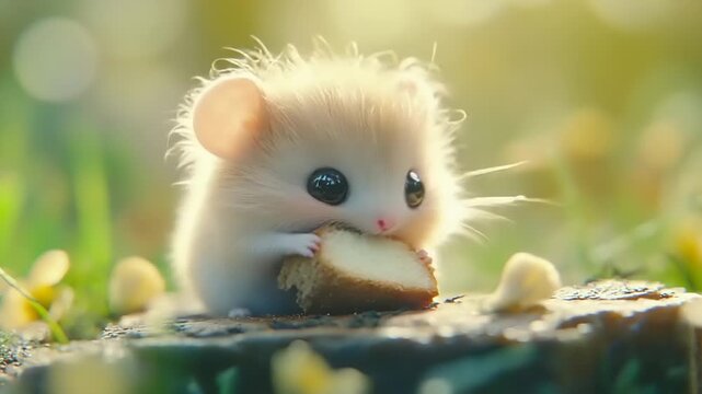 Adorable tiny dormouse eating a piece of bread in a sunlit forest.