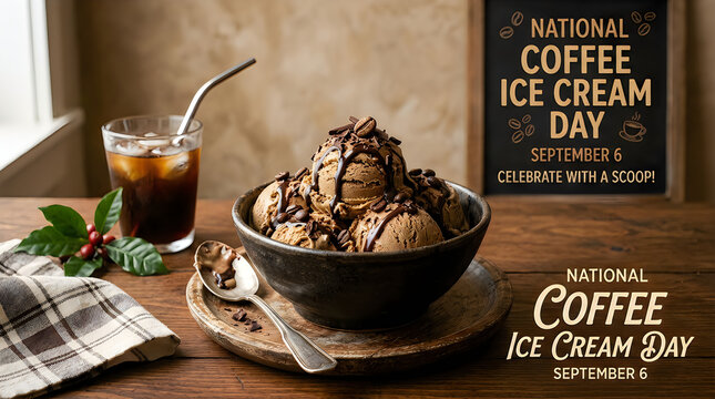 National Coffee Ice Cream Day scoops with chocolate drizzle and coffee beans beside iced coffee, chalkboard sign September 6 Celebrate with a Scoop
