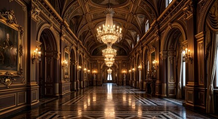 Obraz premium Majestic Dark Wood Baroque Corridor with Crystal Chandeliers and Oil Paintings