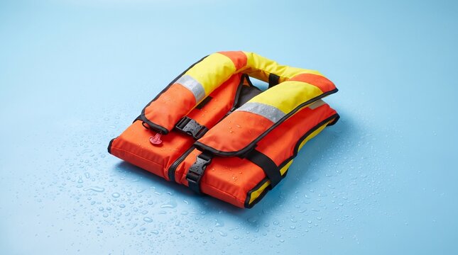Orange and yellow life jacket with water drops on light blue background