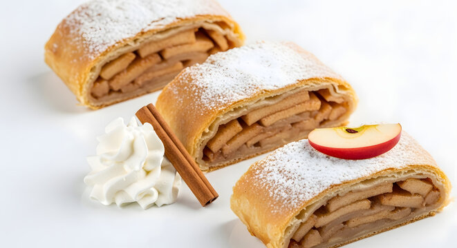 Still life, row of triple German cinnamon apple strudels (apfelstrudel) with powder sugar sprinkles on white background. Culinary of Germany, European cake, and easy baking ideas