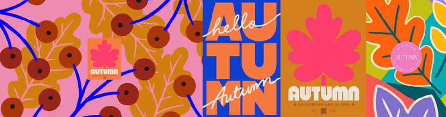 Obraz premium Autumn. Modern abstract bold illustrations of stylized maple leaf, oak leaves, berries, pattern for greeting card, background, poster, textile, packaging or logo.