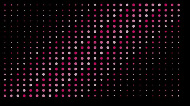 Animated halftone pattern featuring pink and red circular dots moving across a black background.