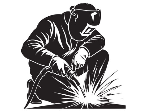 Welder Silhouette With Sparks Black And White Graphic Illustration welding