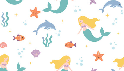 Fototapeta premium Dreamy seamless pattern with beautiful blond mermaids, swimming blue dolphins, orange starfishes, and sea elements on a white background.