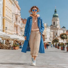Obraz premium Stylish woman walks confidently down a cobblestone street with historic buildings