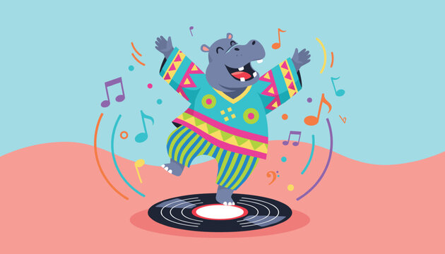 Cheerful hippopotamus cartoon character dancing happily on a vinyl record surrounded by colorful music notes.
